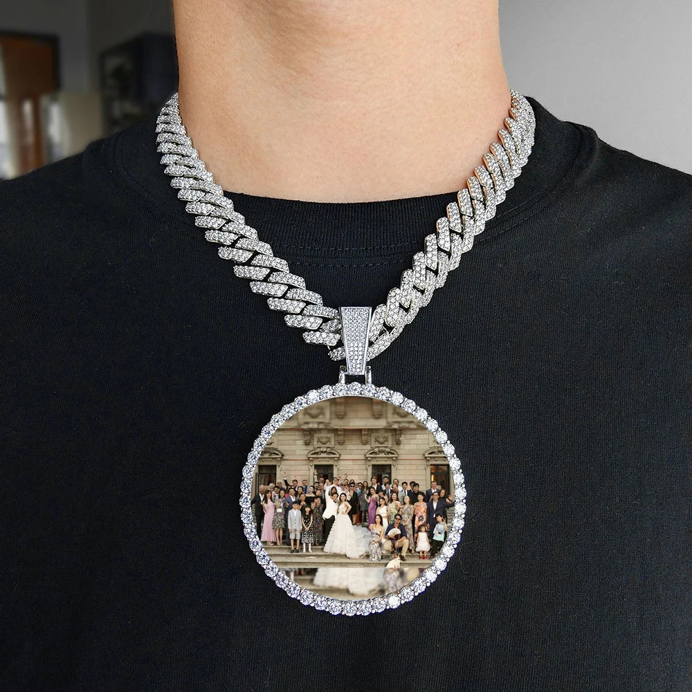 HHIOK Customized Necklaces Circle Chain Picture Personalized Diamond Memory Pendant with Photo Wing Design Gift for Men