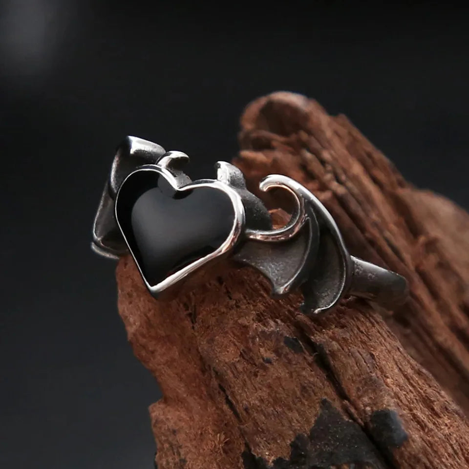 Heart Demon Black Ring Vintage Angel Wings Gothic