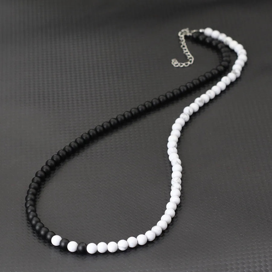 Stylish 6mm Stone Healing Necklace For Men 24 Inches Long Collar Stainless Steel Buckle Black White Yin Yang Bicolor