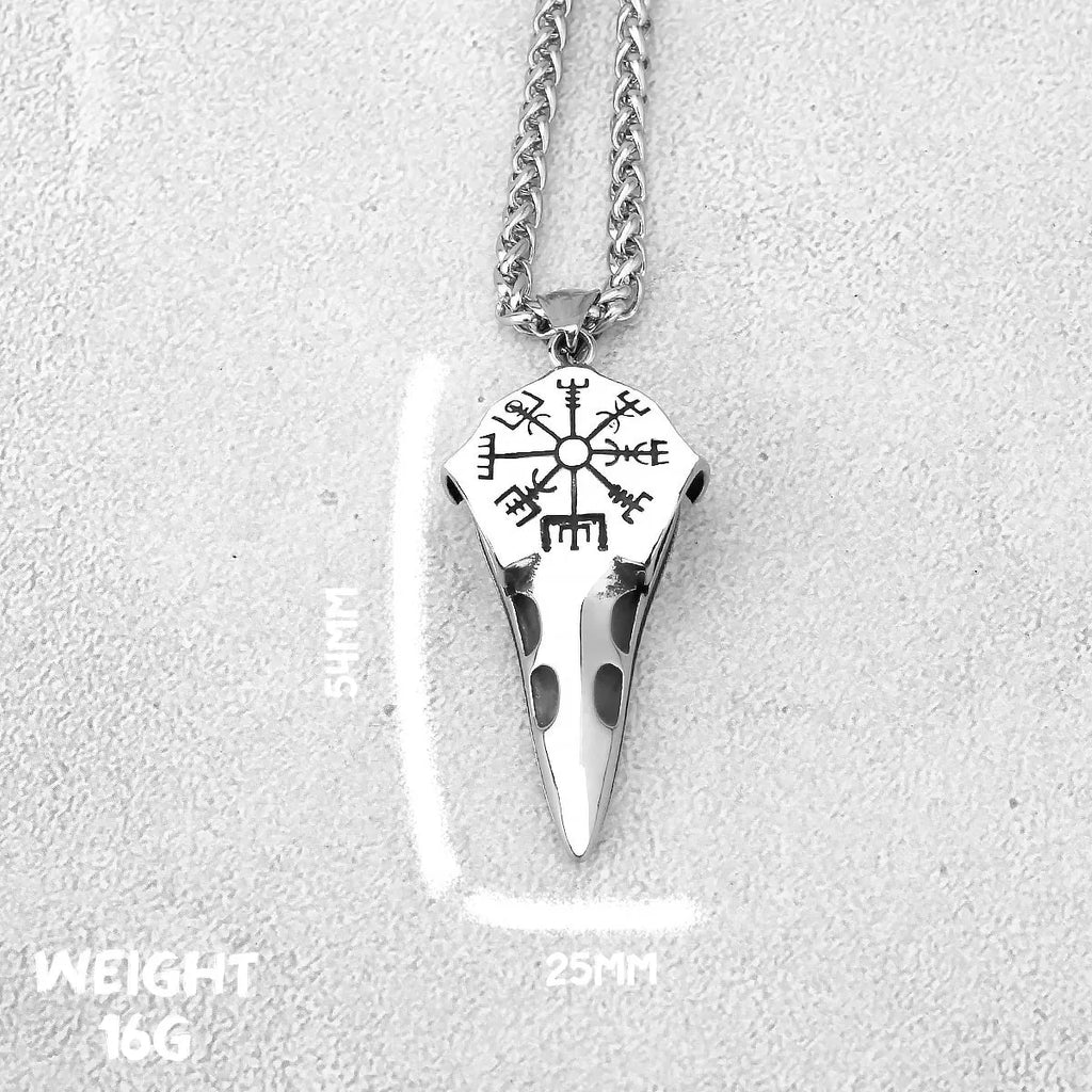 Nordic Odin Crow Skull Pendant Necklace Gothic Stainless Steel Raven Skull Compass Rune Necklace for Men Punk Jewelry