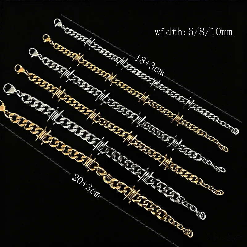 Barbed Wire Cuban Link Bracelet 18K Gold Plated Stainless Steel Gothic Punk Thorns Hand Chain Bracelet for Men Women