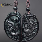 Natural Obsidian Dragon and Phoenix Pendant Personalized Couple Heart-shaped Pendant Men and Women Holiday Gift Necklace