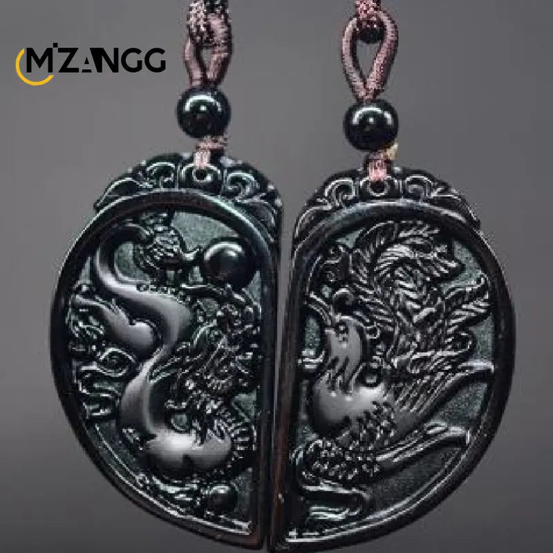 Natural Obsidian Dragon and Phoenix Pendant Personalized Couple Heart-shaped Pendant Men and Women Holiday Gift Necklace