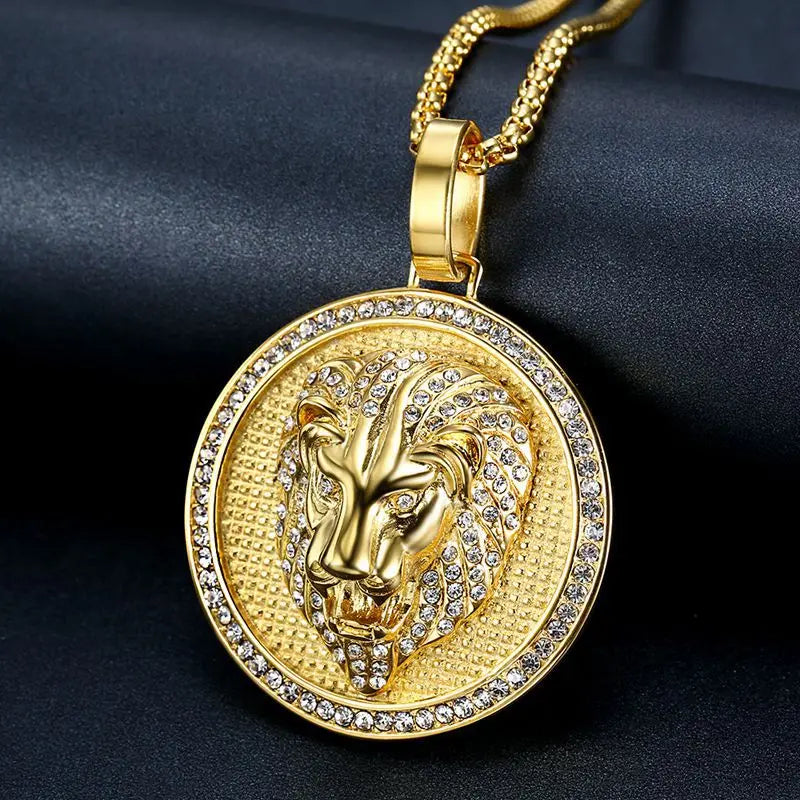 Iced Out Lion Head Round Pendant Necklace