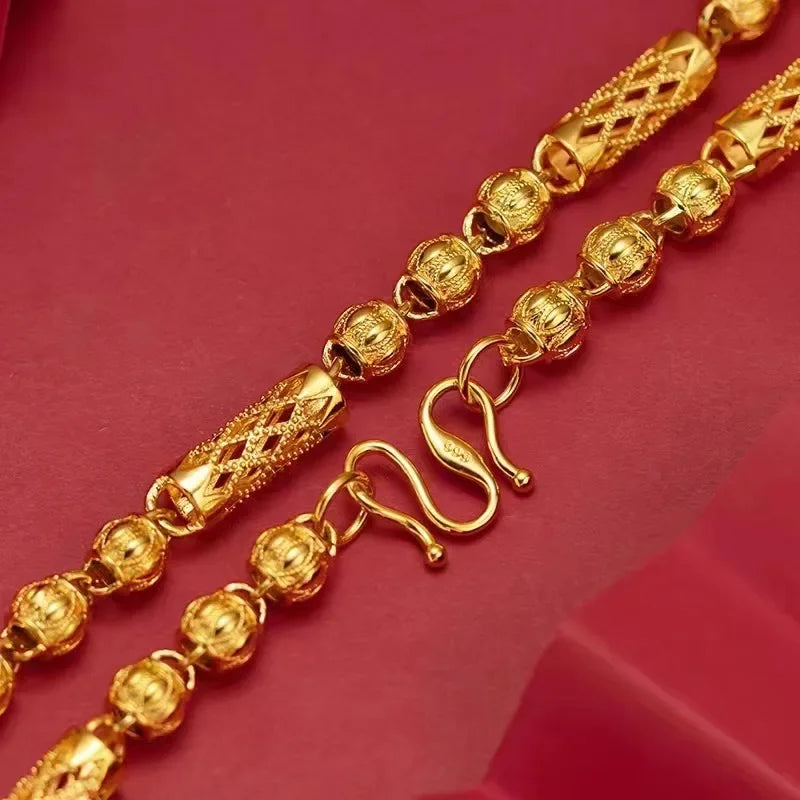 9999 24K real gold hollow men's necklace M-shaped buckle men's chain boutique open cylindrical necklace lantern beads