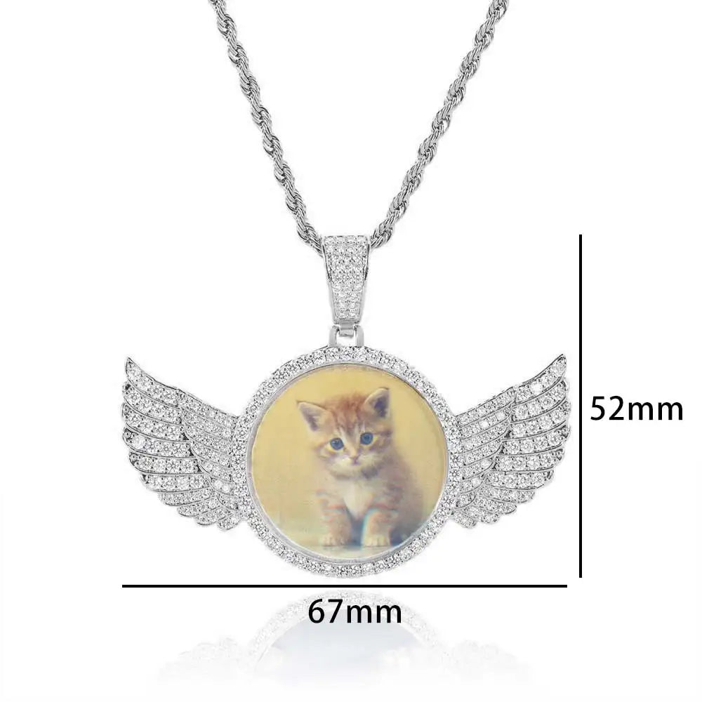 Angel Wing Photo Pendant Necklace Iced Out CZ