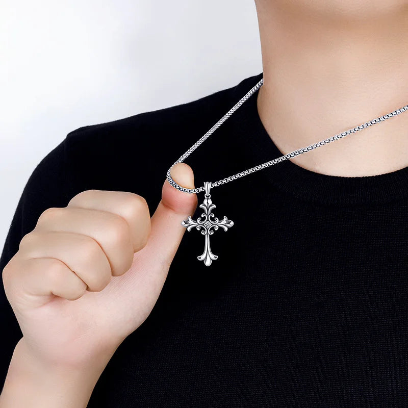 Gothic Style Retro Rhinestone Cross Stainless Steel Pendant ins Hip-Hop Men's Fashion Personality Versatile Necklace