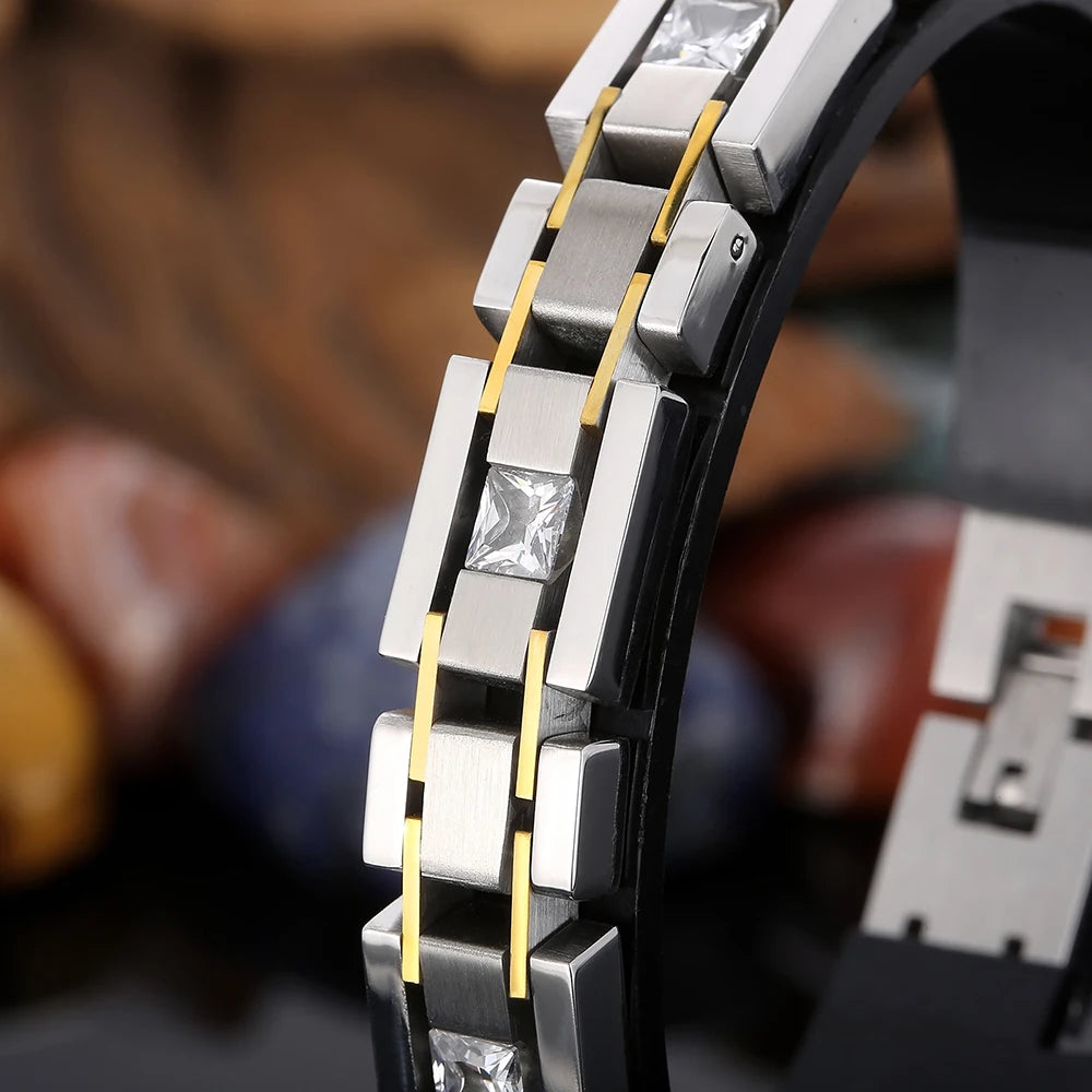 Casting Stainless Steel Man Bracelet Two Tone 12MM Link Chain Men's Bracelets Bangles With CZ Wrist Jewelry Boys