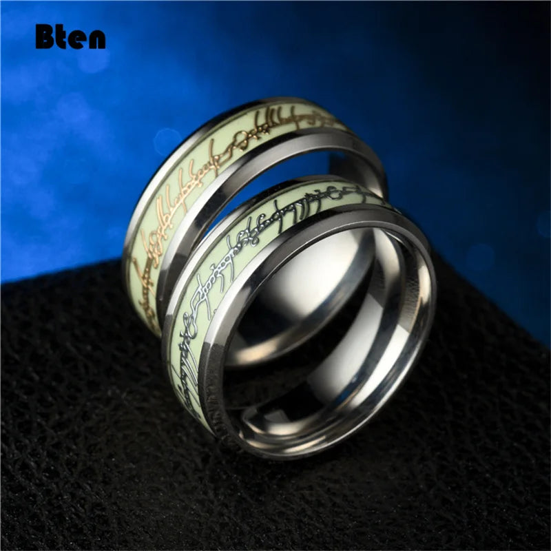Bten Luminous Ring Black Fashion Man Minimalist Stainless Steel Ring Glowing Ring Couple In The Dark Jewelry Black
