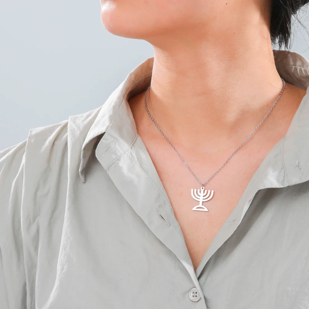 Star of David & Menorah Jewish Pendant Necklace — Stainless Steel