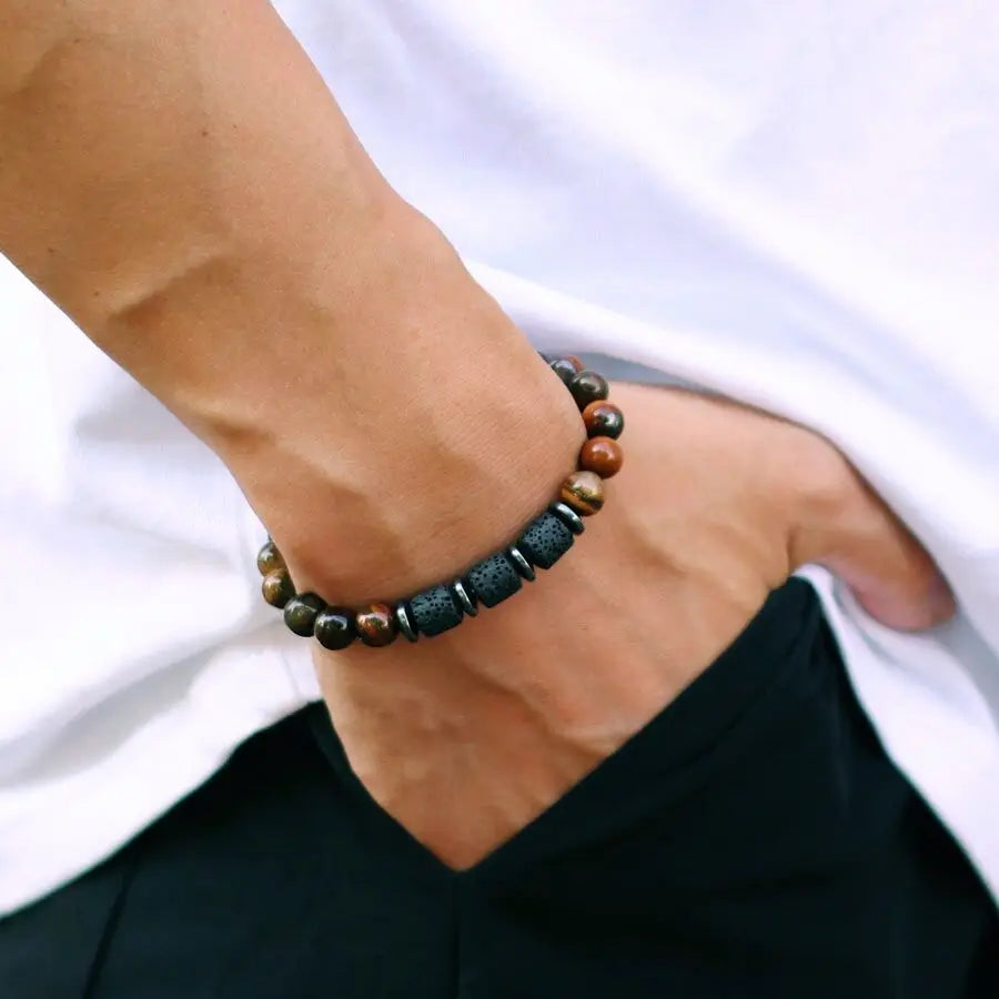 Noter New Novel Men Bracelet Natural Tiger Eyes Volcanic Rock Beaded Braclet Gift For Him Hematite Healing Braslet Pulsera Homme