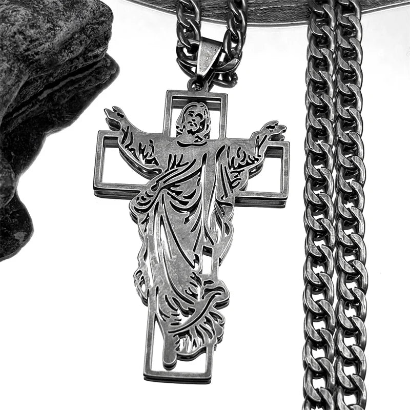 Jesus Cross & Virgin Mary Cutout Necklace — Stainless Steel