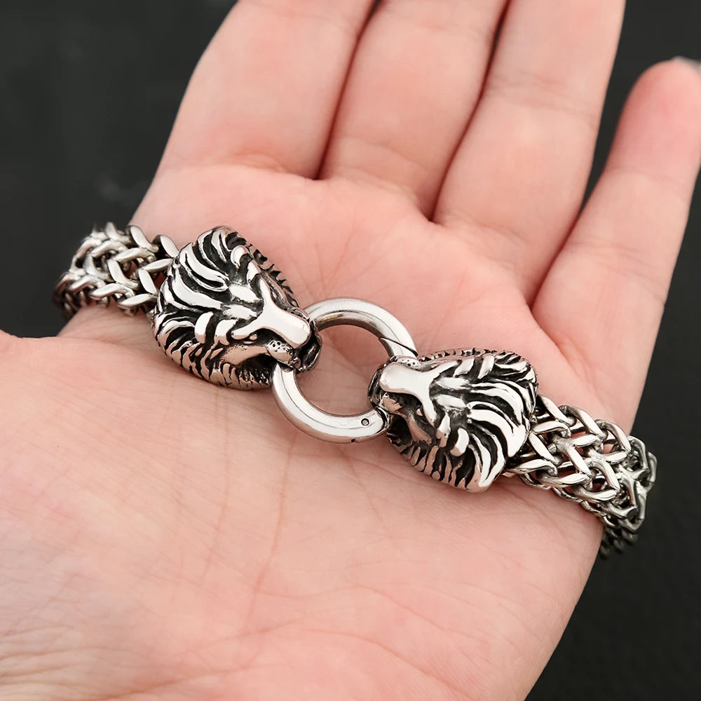 Double Lion Head Biker Bracelet — Stainless Steel, 23.5cm