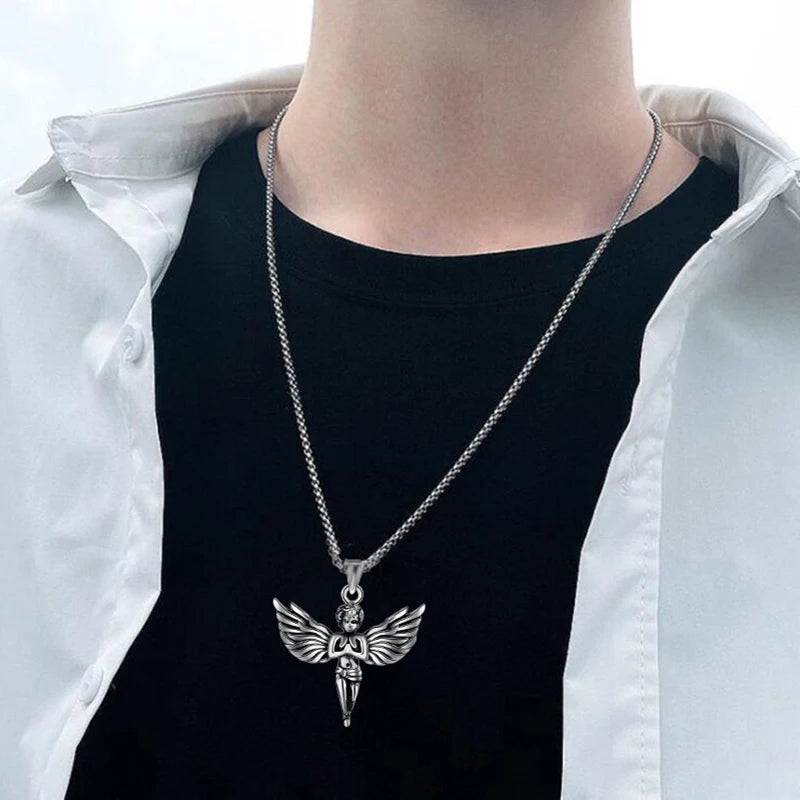 Silver Angel Wing Feather Pendant Necklace