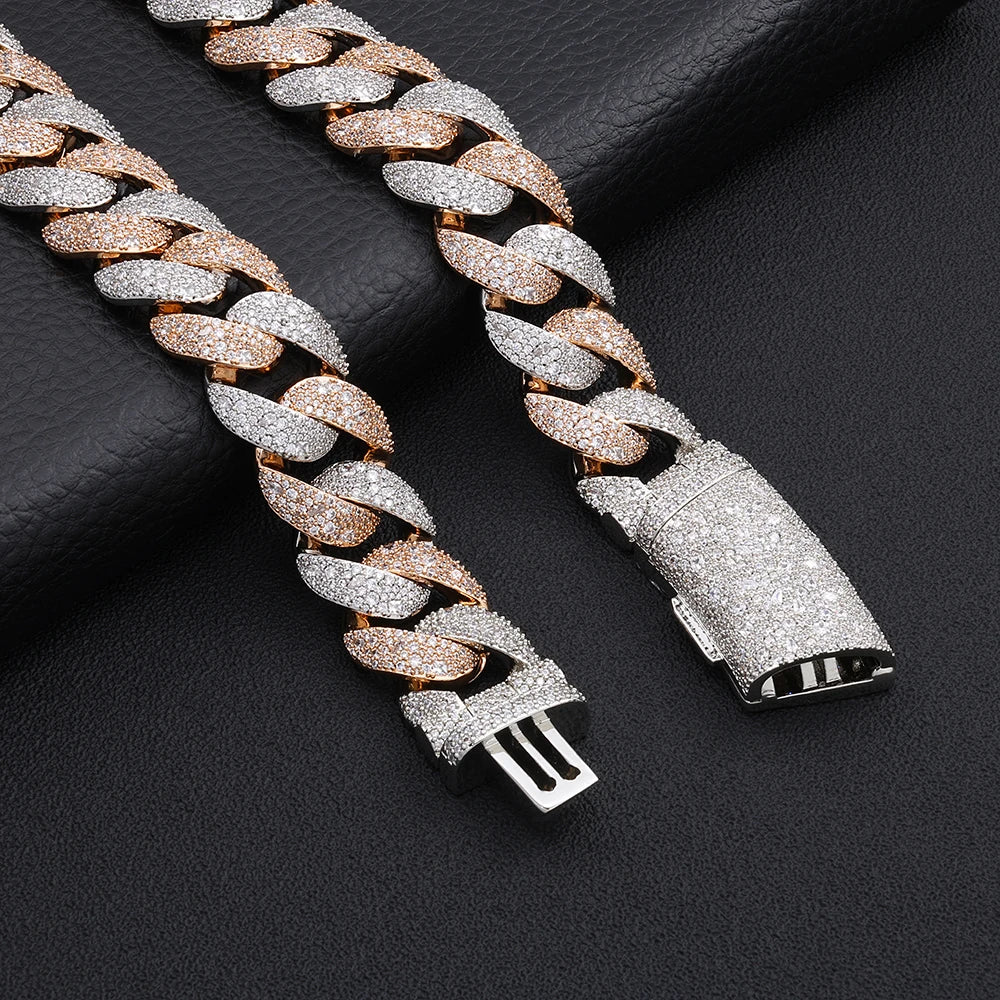 HHIOK 22mm Two Tone Iced Out Cuban Link Chain Necklace Bracelet Brass Inlaid CZ Cuban Chain Men Hip Hop Bling Streetwear Jewelry