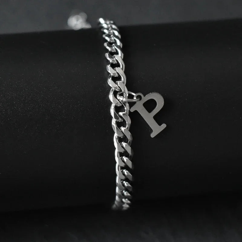 A-Z Initial Letter Cuban Chain Bracelet — Stainless Steel