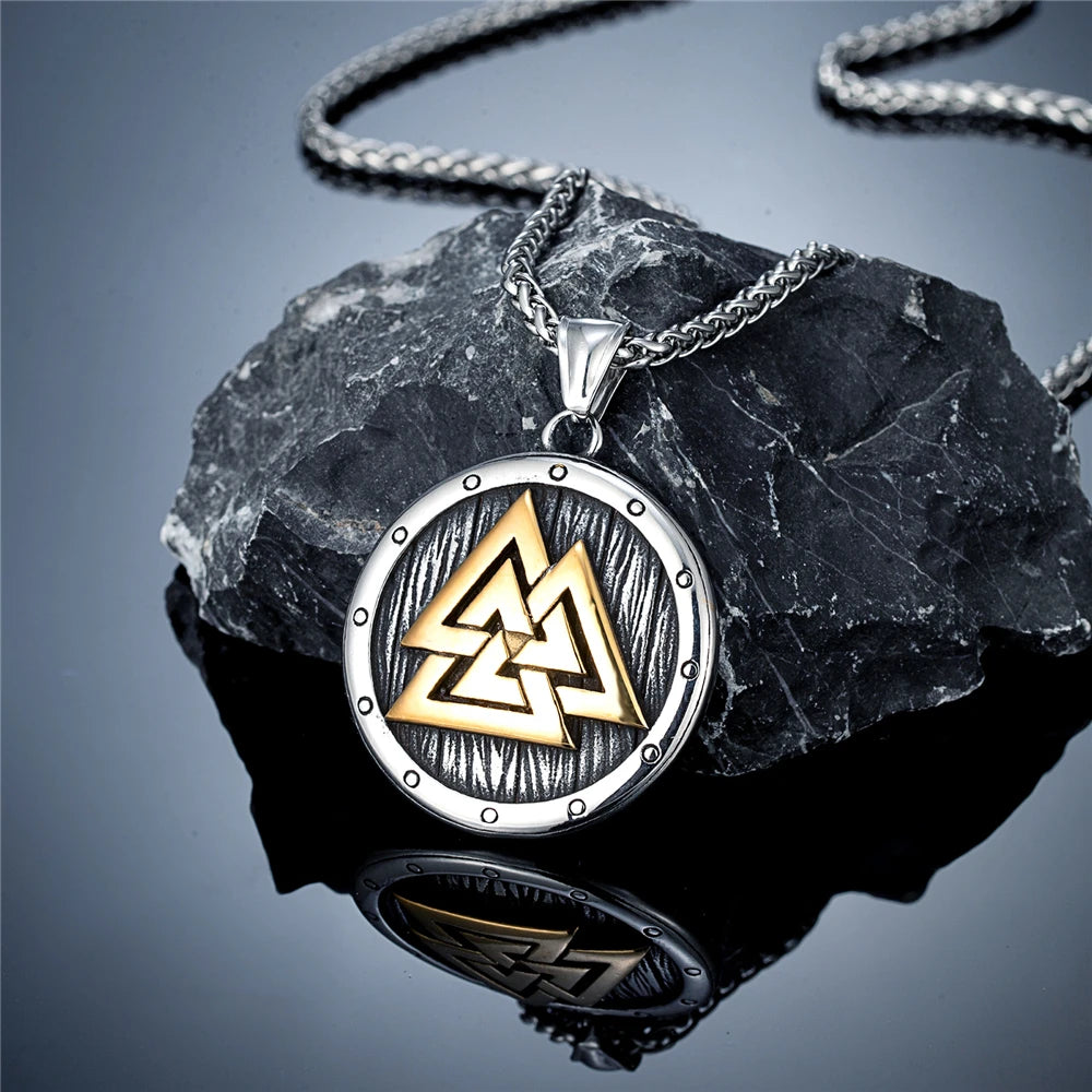 Norse Mythology Valknut Vikings Shield Necklaces Men's Vintage Nordic Runes Amulet Pendant Stainless Steel Scandinavian Jewelry