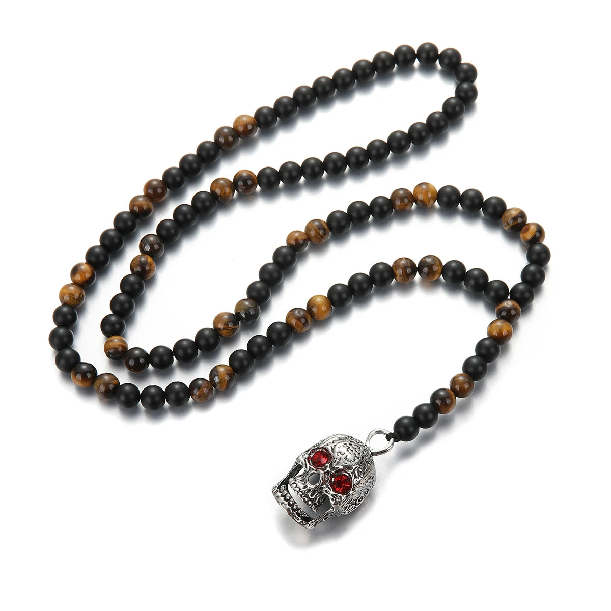 Skull Pendant Black Beaded Necklace for Men and Women, 72cm