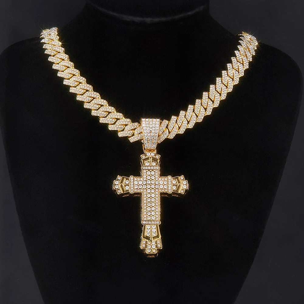 Iced Out Cross Pendant Necklace with Miami Cuban Chain Link
