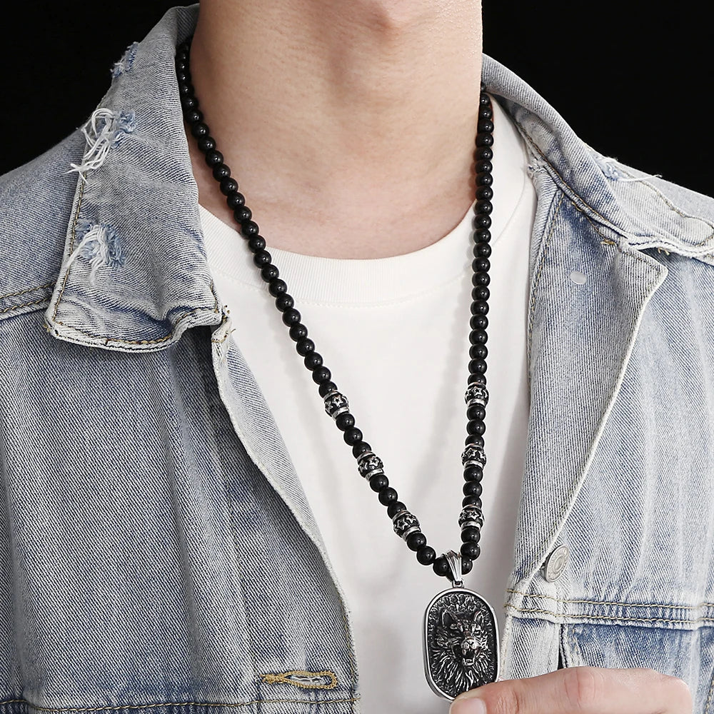 Men's Steampunk Dragon Wolf Head Pendant Necklace For Men Man 8MM Width 70CM Long Agate Stone Bead Chain Stainless