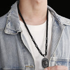 Men's Steampunk Dragon Wolf Head Pendant Necklace For Men Man 8MM Width 70CM Long Agate Stone Bead Chain Stainless