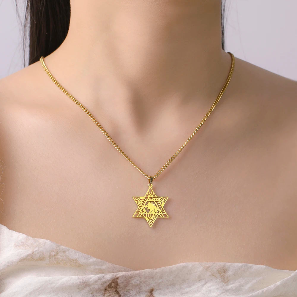 Lion of Judah Star of David Pendant Necklace — Stainless Steel