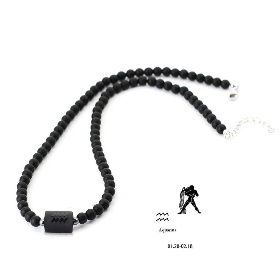 Fashion 12 Constellations Beaded Necklace Men Natural Black Onyx Stone Beads 48cm Short Collar Jewelry Leisure Party Homme Joias