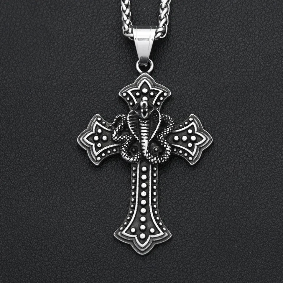 Vintage Stainless Steel Snake Necklaces For Men Women Gothic Hip Hop Cross Pendant Fashion Personality Biker Jewelry