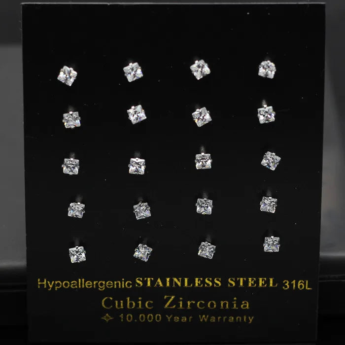 LUXUKISSKIDS Brilliant Square Stud Earrings 10pairs/Lot Novel Clearly Large 3A Cubic Zirconia Stainless Steel Wholesale