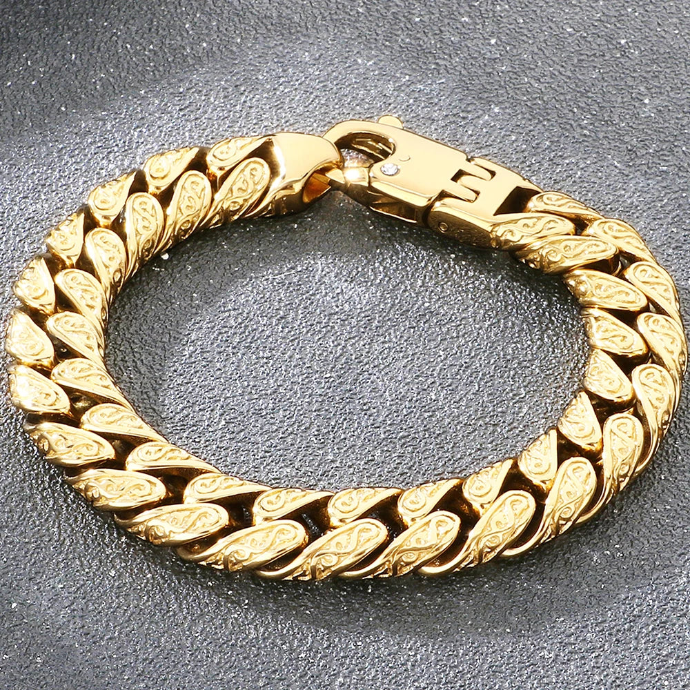 Vintage 12MM Width Cuban Link Chain Bracelet for Man Black Gold Color Stainless Steel Men's Bracelets Wrist Hand