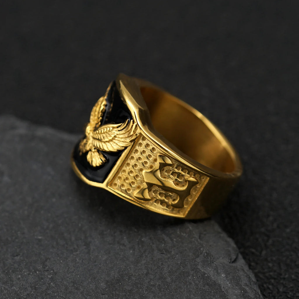 Gold Eagle Ring Classic Statement Band — Stainless Steel