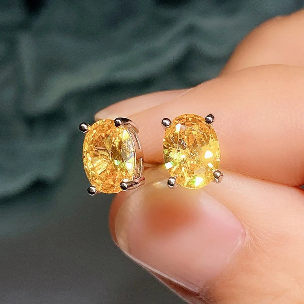 Oval Colored Zircon Four Claw Stud Earrings — Stainless Steel
