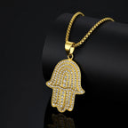 Iced Out Hamsa Hand of Fatima Pendant Necklace — Gold-Tone Steel