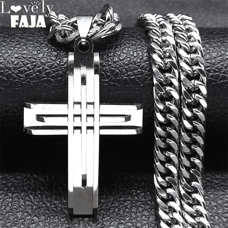 Cross Layered Silver Pendant Necklace — Stainless Steel