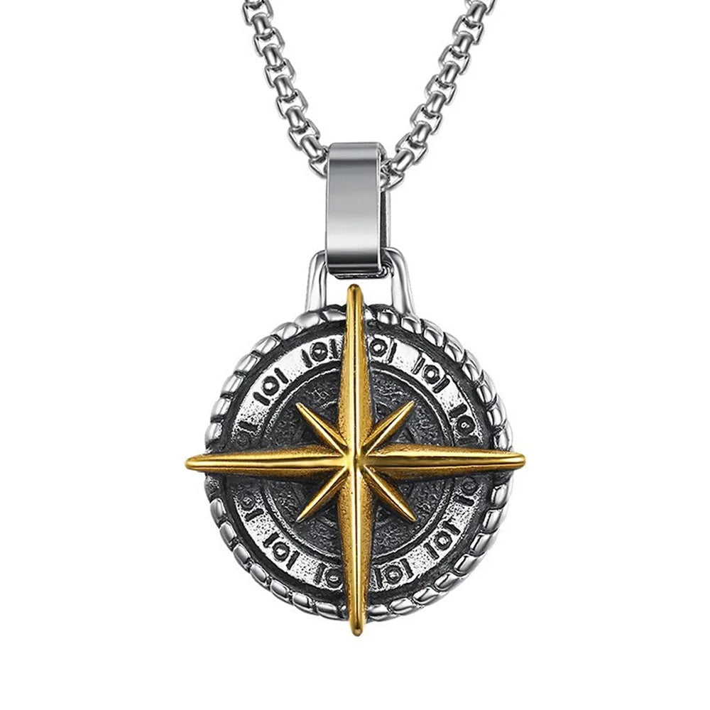 Voyager Vintage Viking Compass Pendant Necklace For Men Punk Hip Hop 316L Stainless Steel Biker Cross Necklace Jewelry