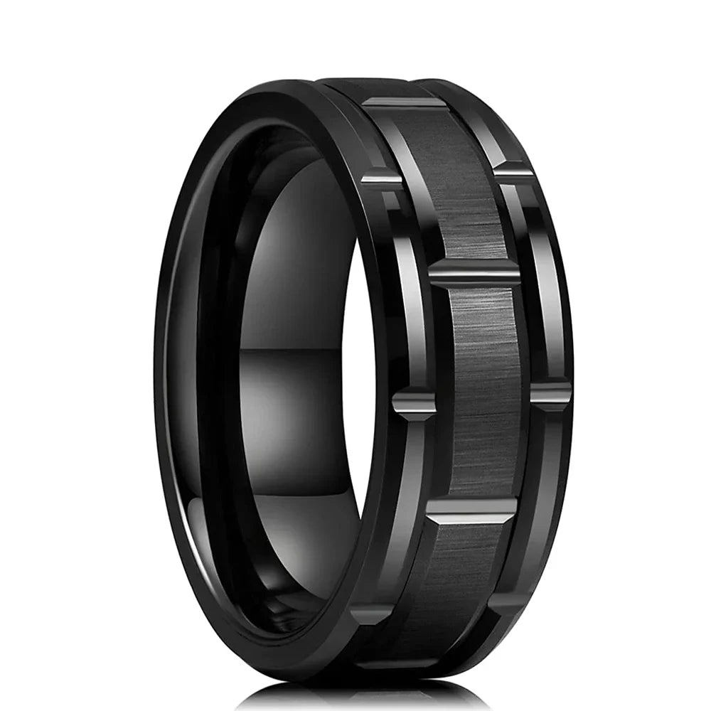 Brushed Double Groove Wedding Band Ring 8mm — Stainless Steel