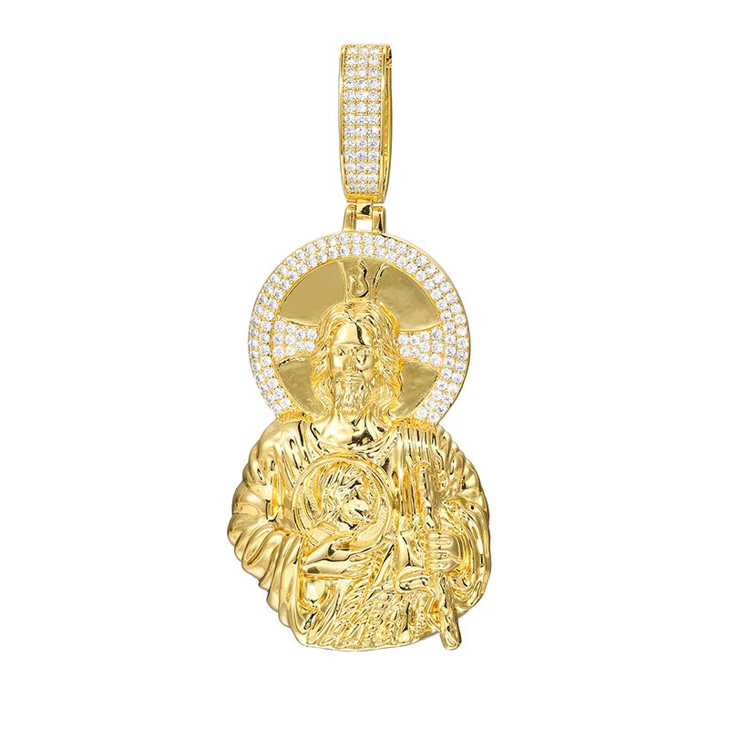 Iced Out Cross Jesus Piece Pendant Necklace — Copper Alloy