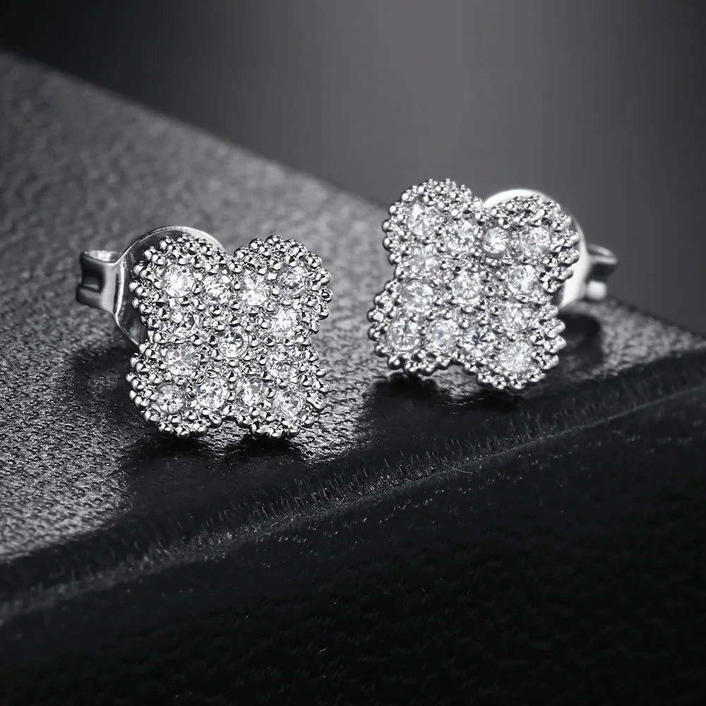 Silver Iced Out Four Leaf Clover Stud Earrings