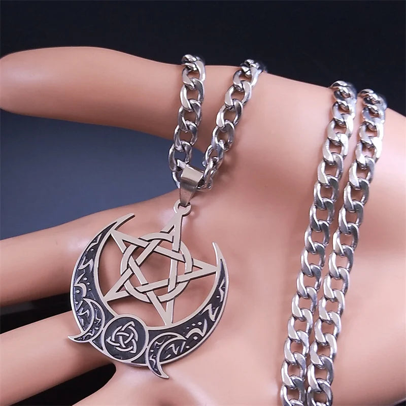 Wicca Triple Moon Pentagram — Stainless