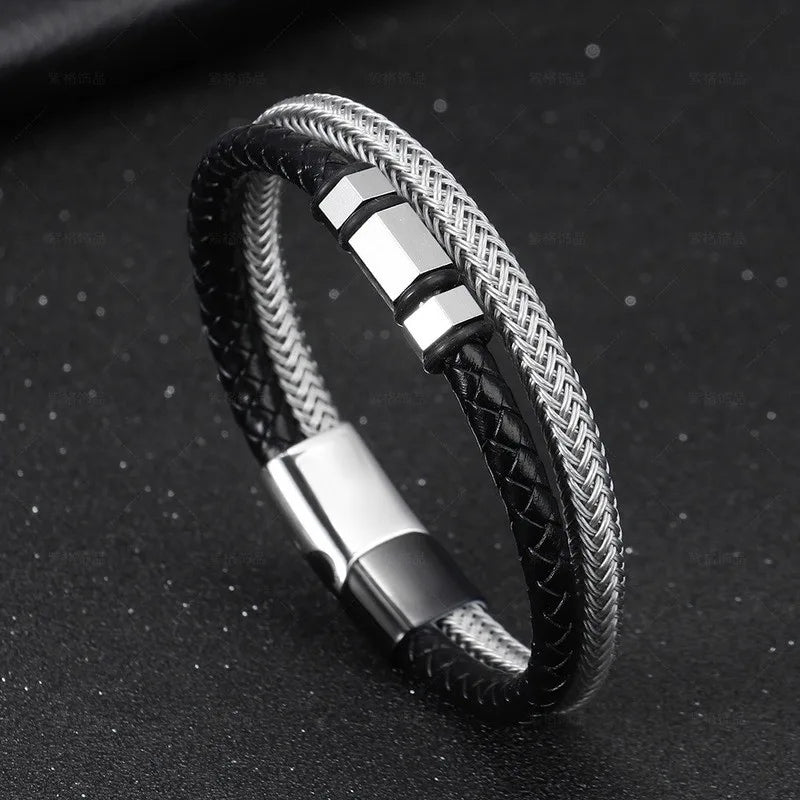 Simple Braided Wire Bracelet for Men — Black and White Color