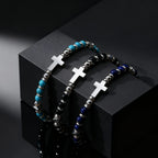 Vintage Classic Stainless Steel Cross Adjustable Bracelet for Men, Black Onyx Natural Stone Beads Chain Wristband,Trendy Jewelry