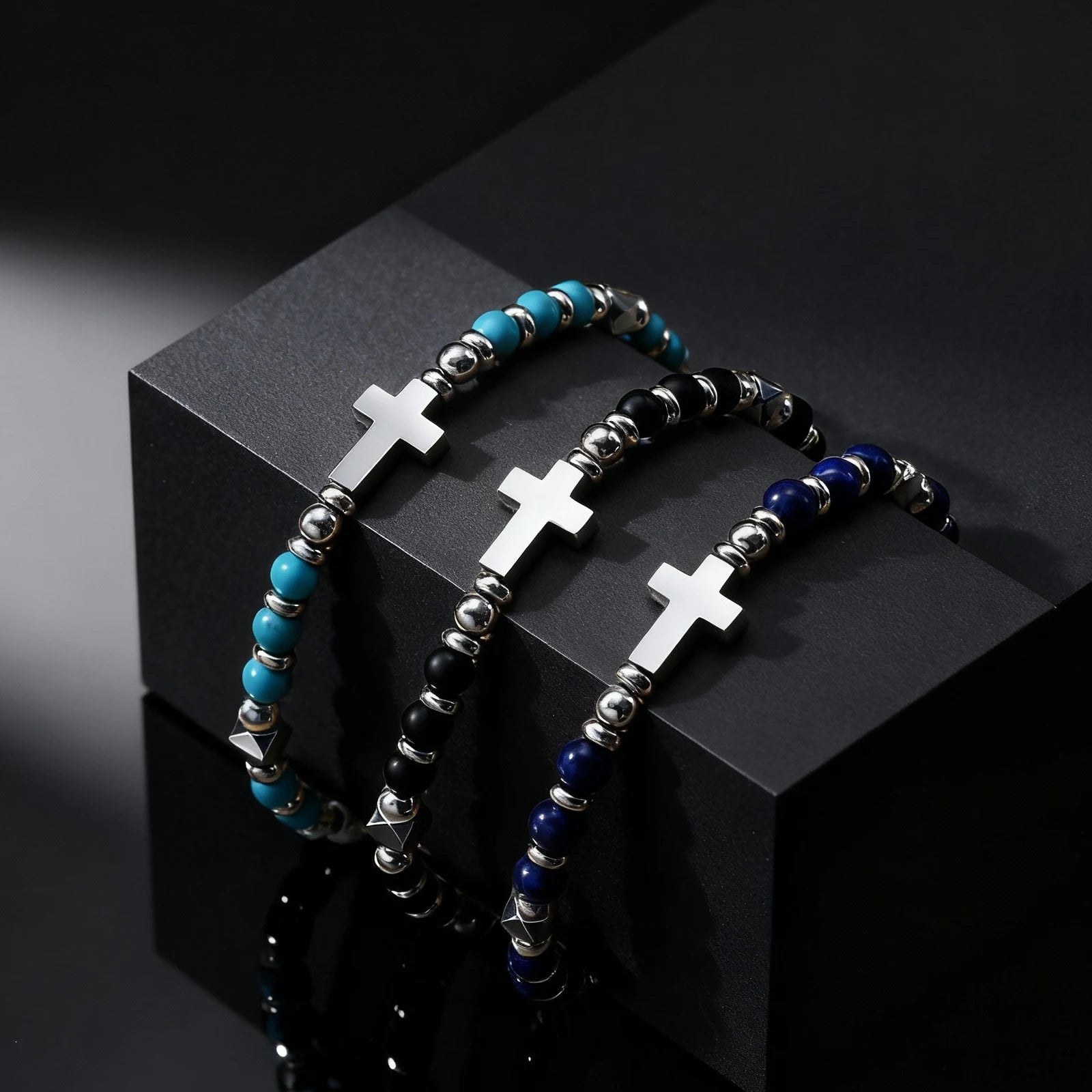 Vintage Classic Stainless Steel Cross Adjustable Bracelet for Men, Black Onyx Natural Stone Beads Chain Wristband,Trendy Jewelry