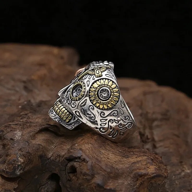 BOCAI New S925 Sterling Silver Jewelry Vintage Punk Double-sided Face Skull Ring Men's Selected Gift
