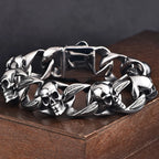 Punk Goth Matte Black Man Men's Bracelets Of Skull Head Cuban Link Chain Stainless Steel Skeleton Jewelry Boys Male