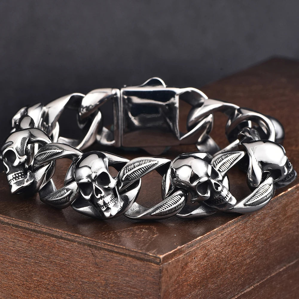 Punk Goth Matte Black Man Men's Bracelets Of Skull Head Cuban Link Chain Stainless Steel Skeleton Jewelry Boys Male