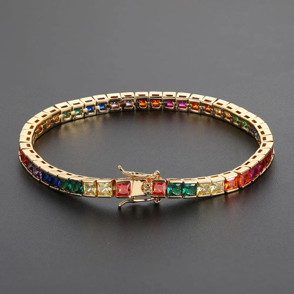 Gold Rainbow Tennis Necklace Iced Out 4MM 18K