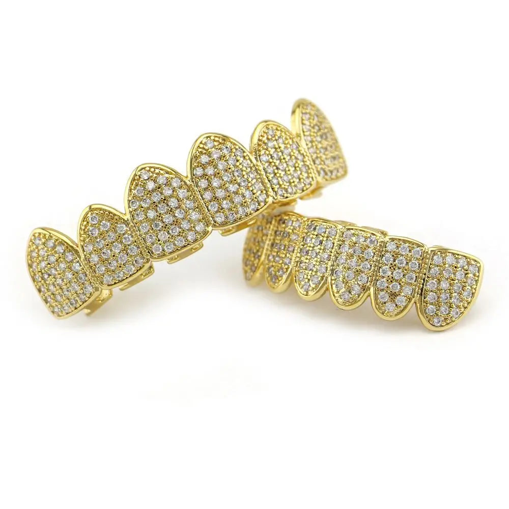 Rhinestone Teeth Grillz Set Top & Bottom Hollow Removable Caps