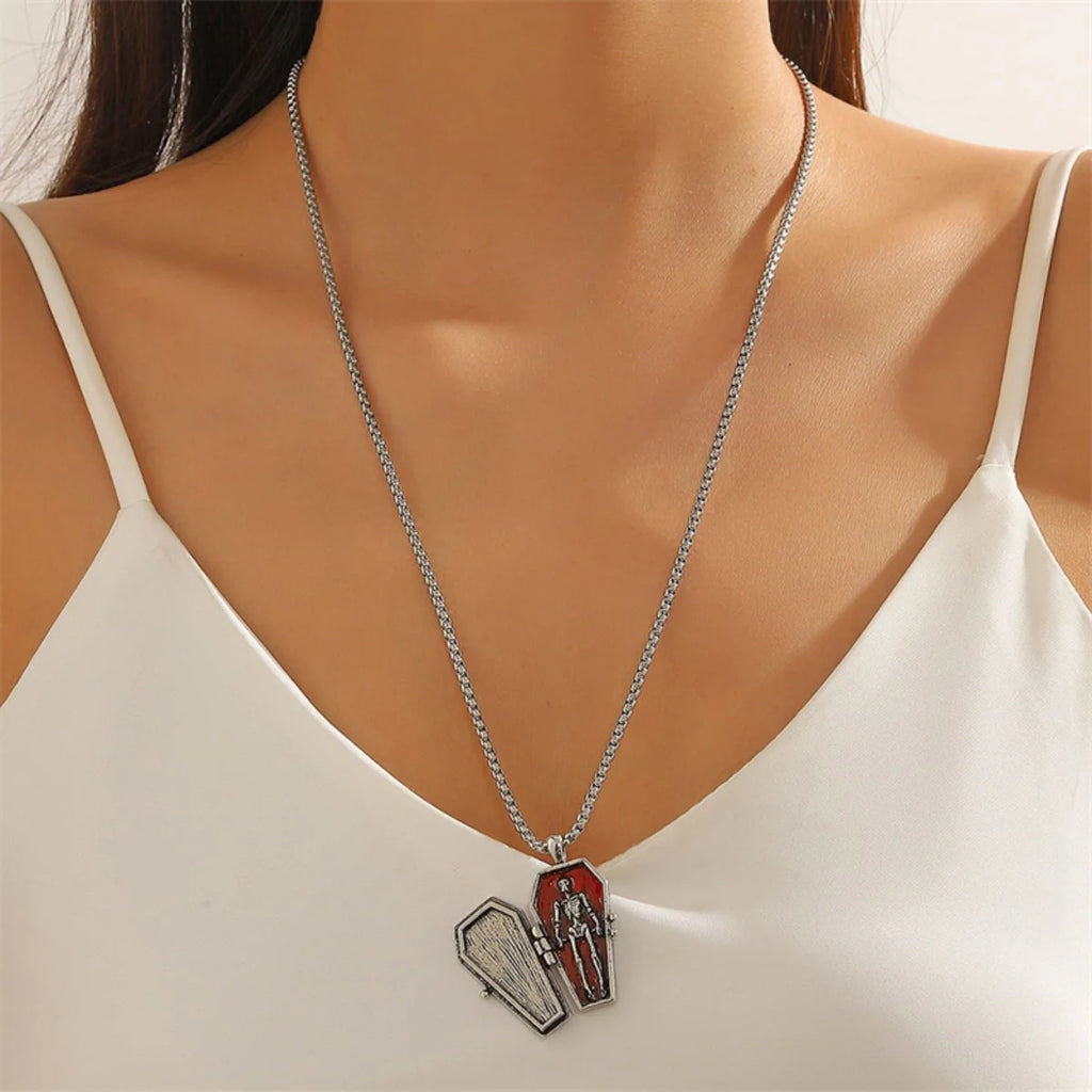 Punk Gothic Halloween Skeleton Coffin Shaped Pendant Necklace For Women Men Cross Skull Stainless Steel Chain Choker