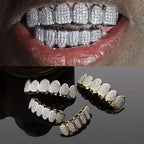 Rhinestone Teeth Grillz Set Top & Bottom Hollow Removable Caps