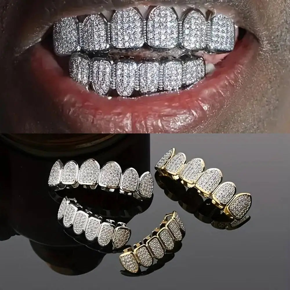 Rhinestone Teeth Grillz Set Top & Bottom Hollow Removable Caps